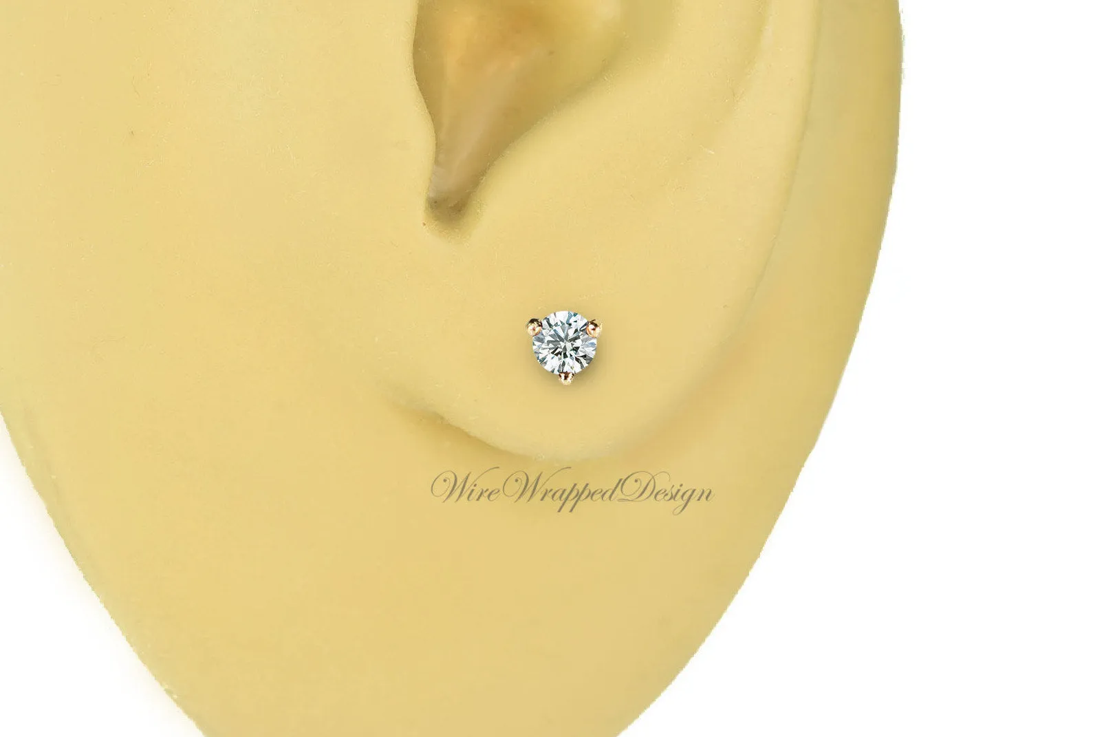 Genuine F  VS DIAMOND Earring Studs 3mm 0.20 ctw (each 0.1cts) Post w/ 14k Solid Gold (Yellow, Rose, White), Silver, Platinum Lobe Cartilage