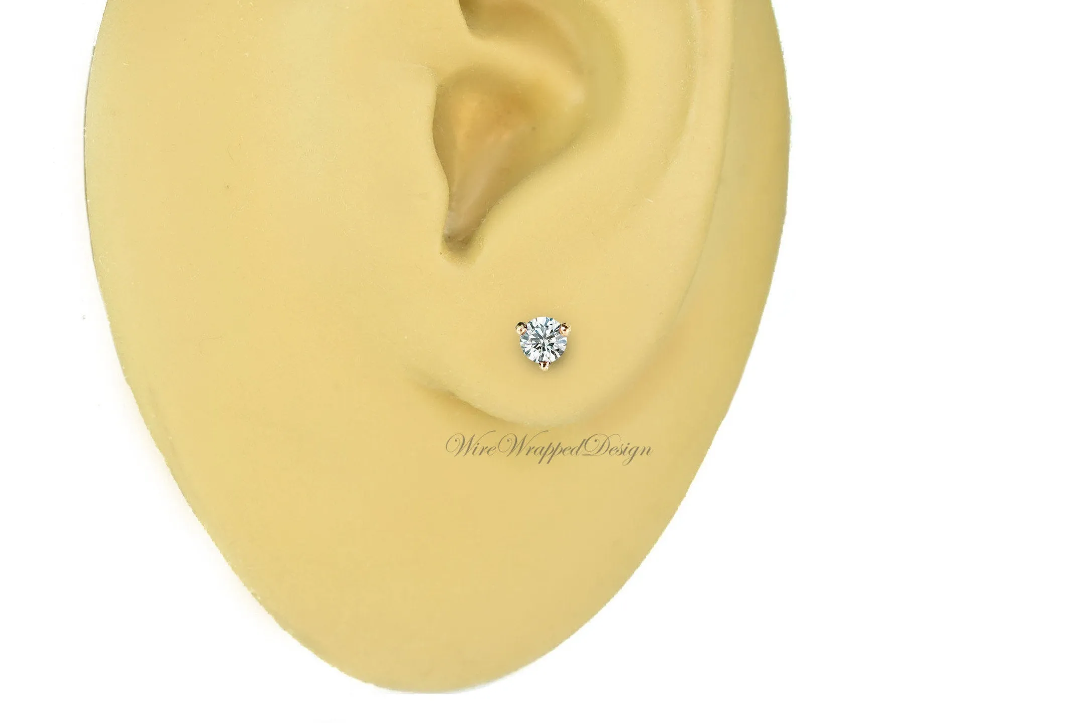 Genuine F  VS DIAMOND Earring Studs 3mm 0.20 ctw (each 0.1cts) Post w/ 14k Solid Gold (Yellow, Rose, White), Silver, Platinum Lobe Cartilage