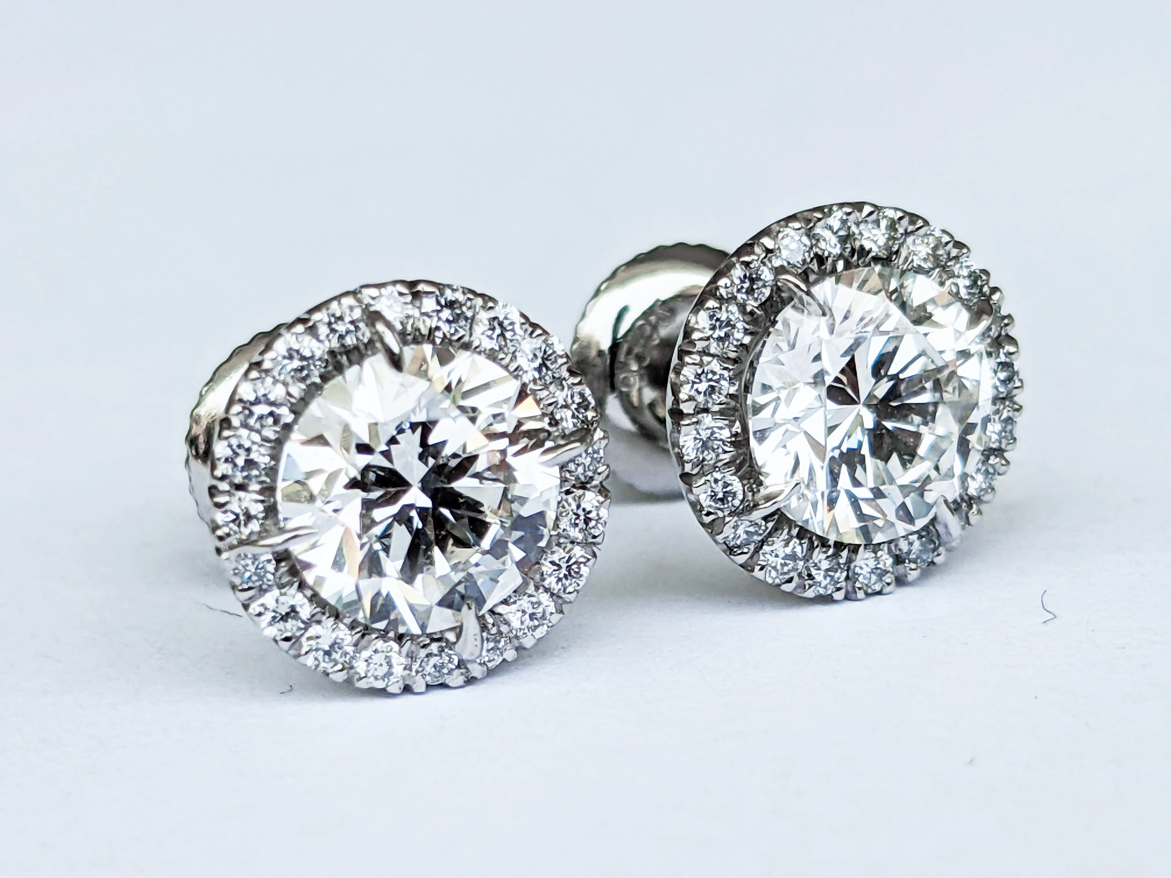 GIA Certified 2.26 Carat Diamonds Platinum Halo Stud Earrings Screw Back Post