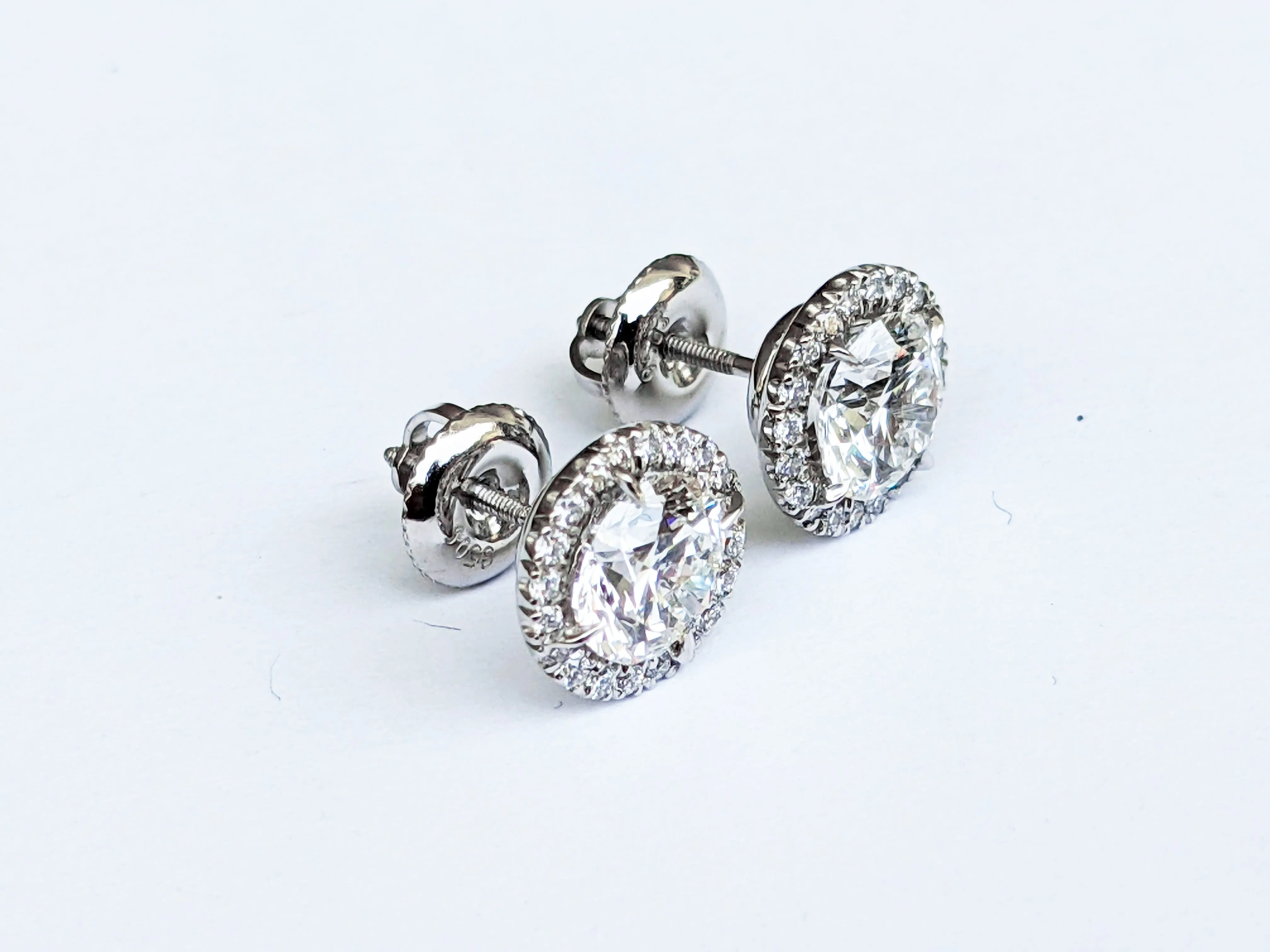 GIA Certified 2.26 Carat Diamonds Platinum Halo Stud Earrings Screw Back Post