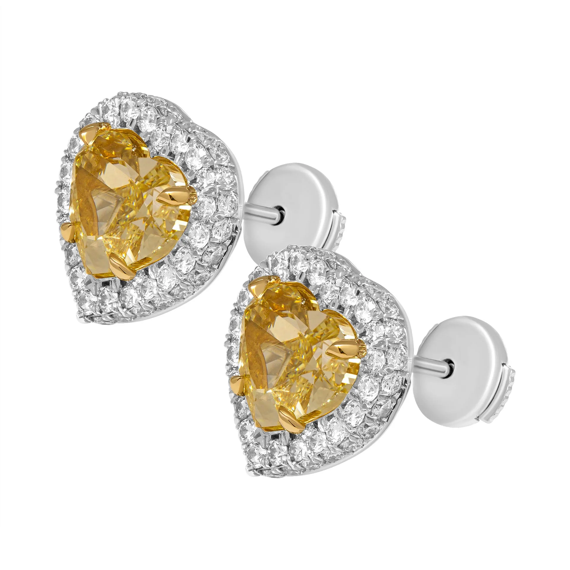 GIA Certified Halo Stud Earrings with Fancy Yellow Heart Shape Diamonds