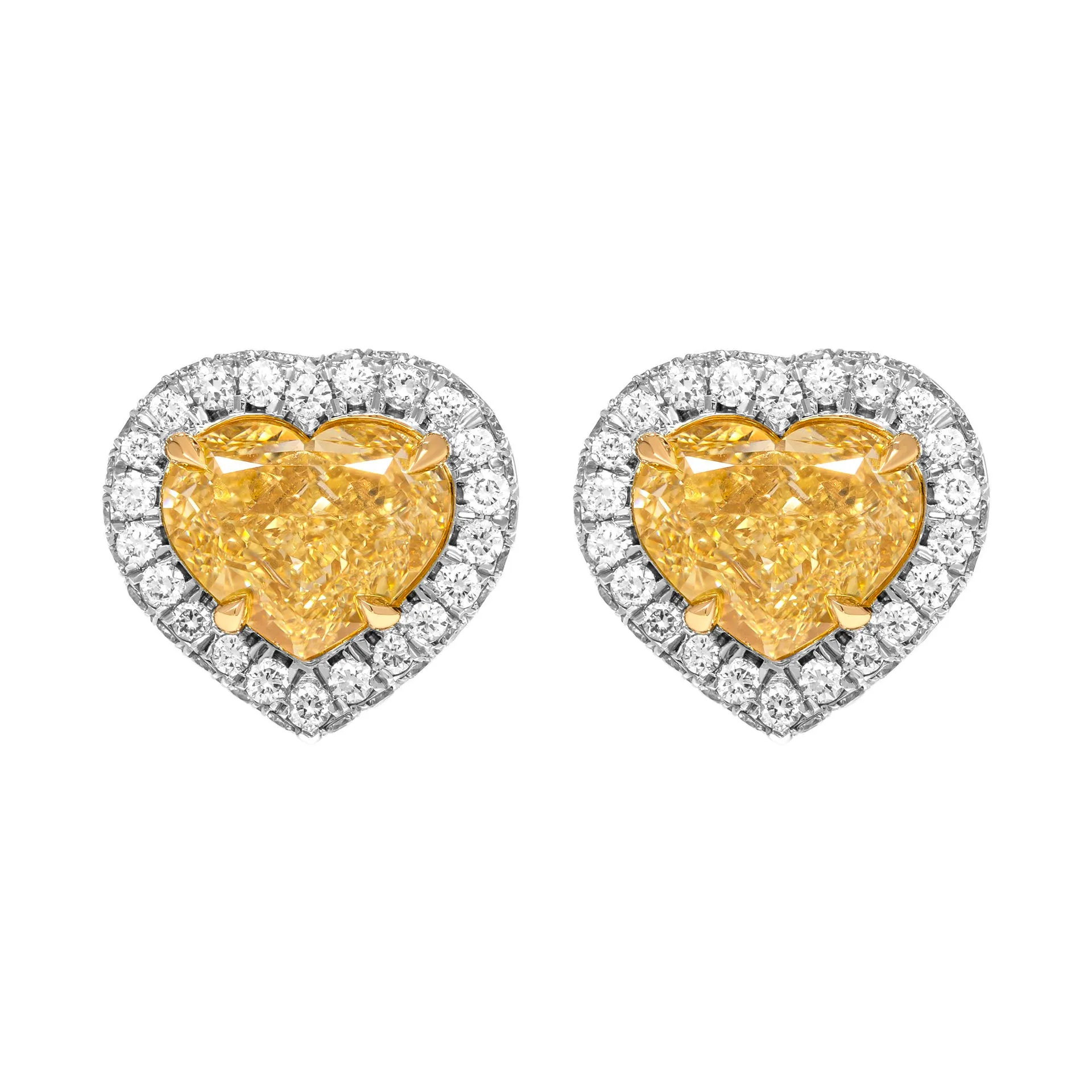 GIA Certified Halo Stud Earrings with Fancy Yellow Heart Shape Diamonds