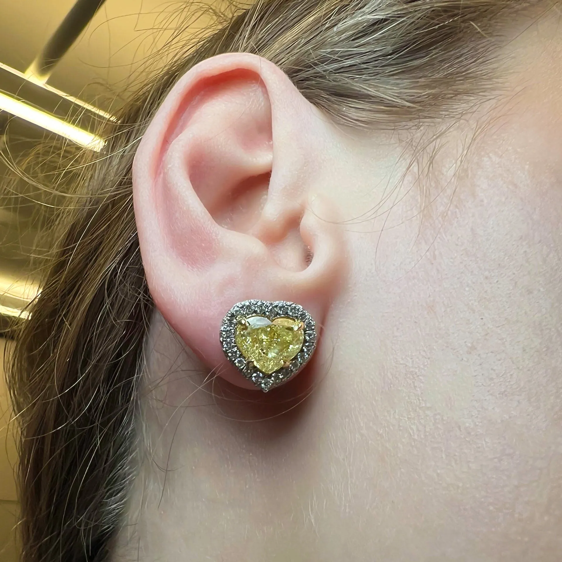 GIA Certified Halo Stud Earrings with Fancy Yellow Heart Shape Diamonds