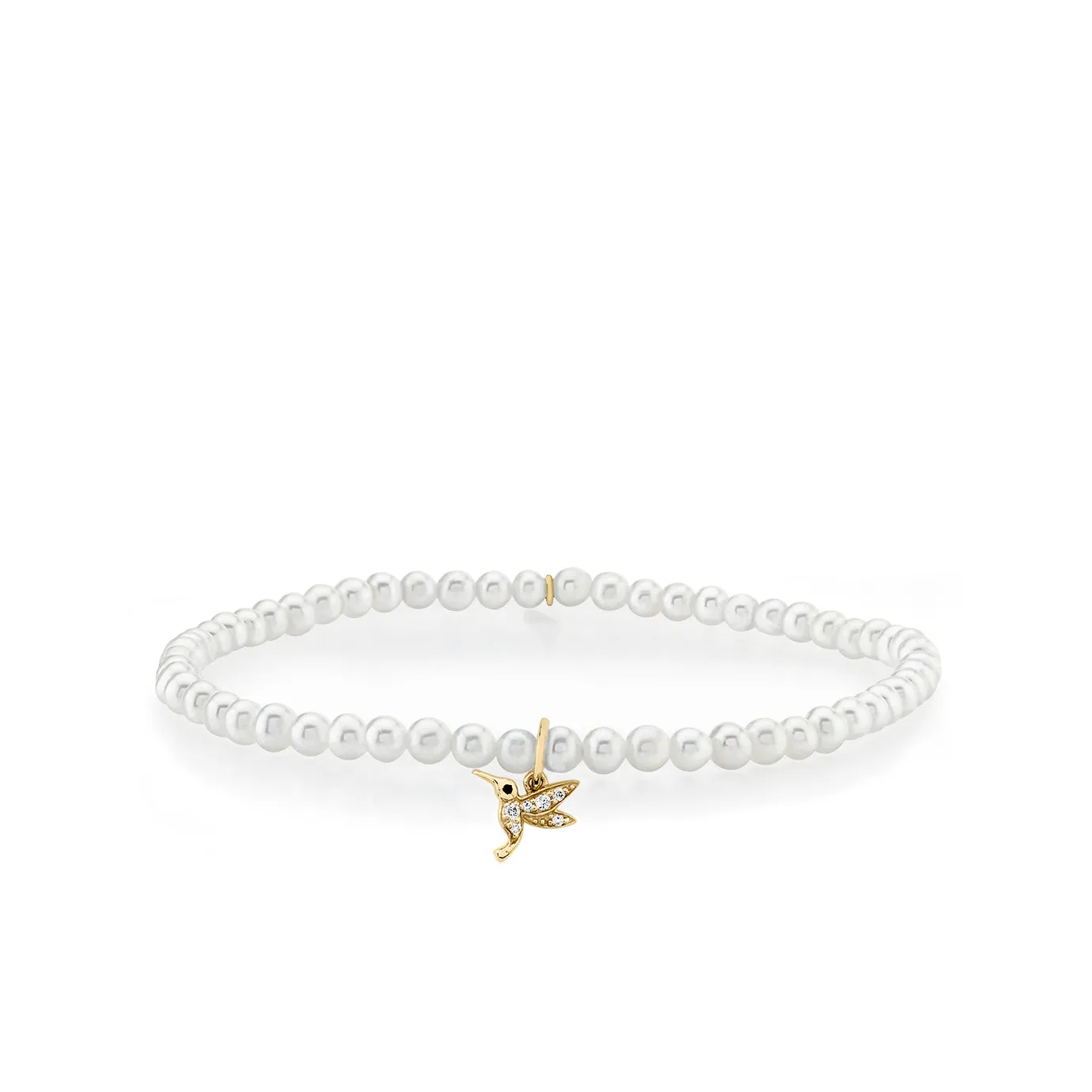 Gold & Diamond Tiny Hummingbird on Pearls
