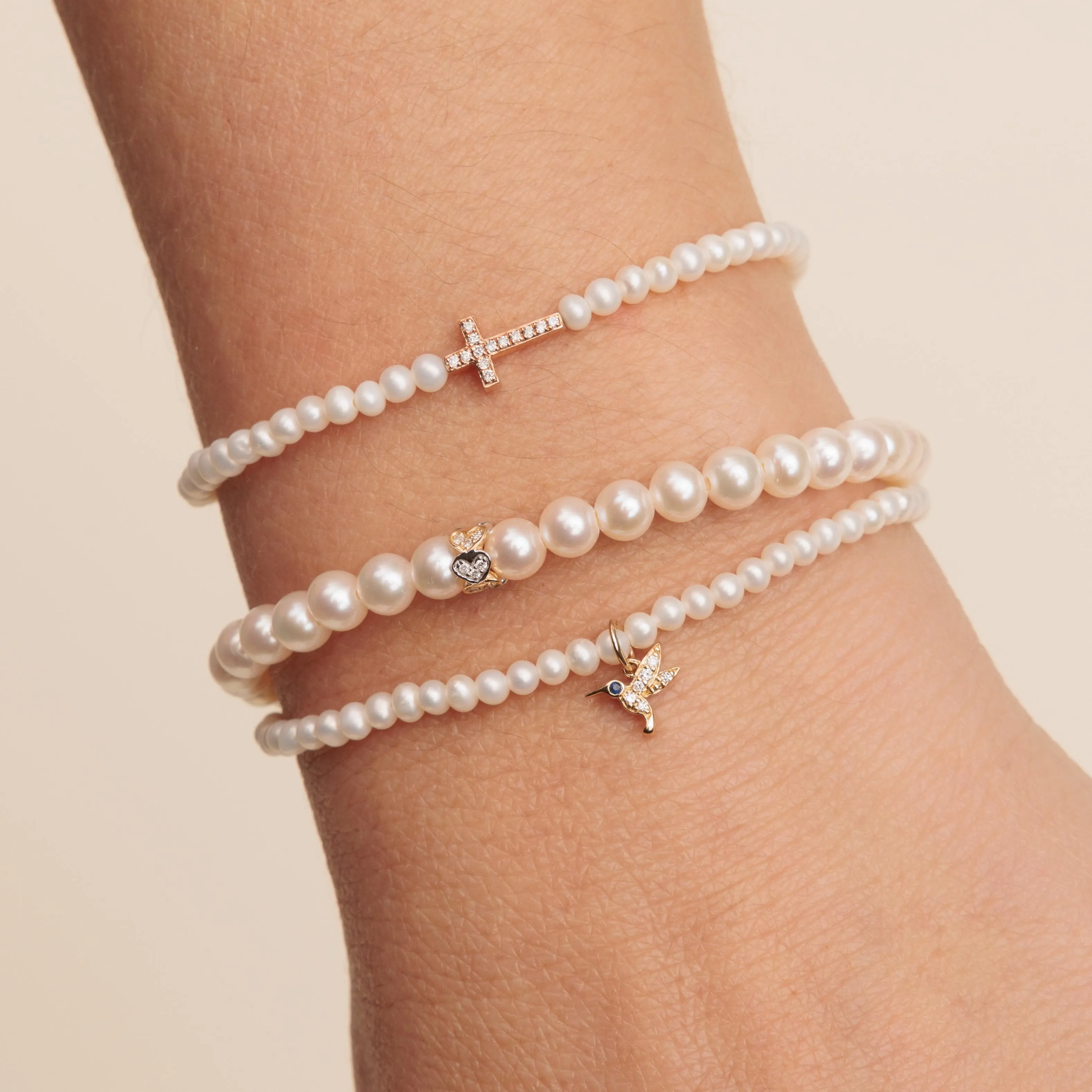 Gold & Diamond Tiny Hummingbird on Pearls
