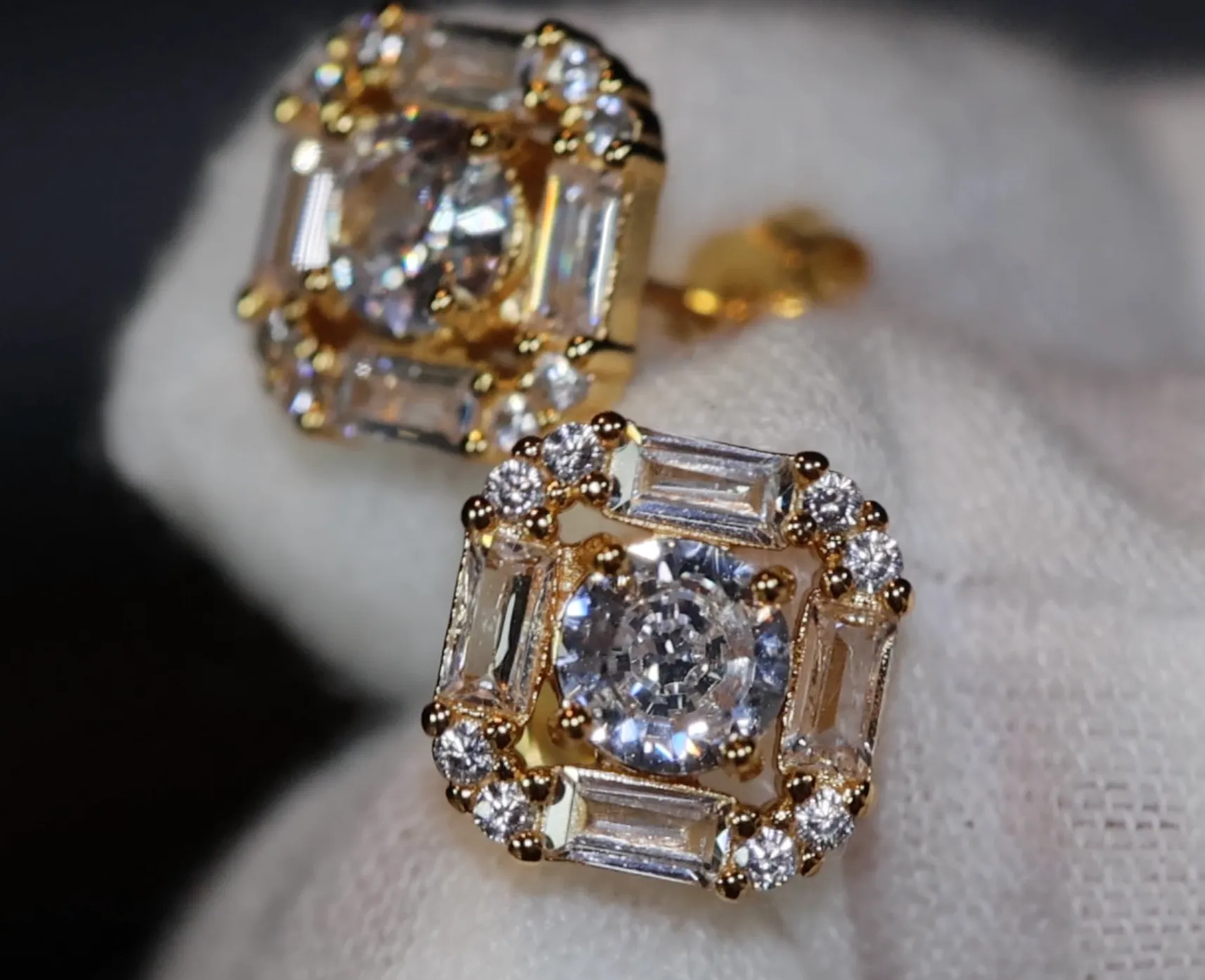 Gold Ear Studs | Gold Iced Out Ear Studs | Gold Baguette Cut Diamond Ear Studs | Hip Hop Ear Studs