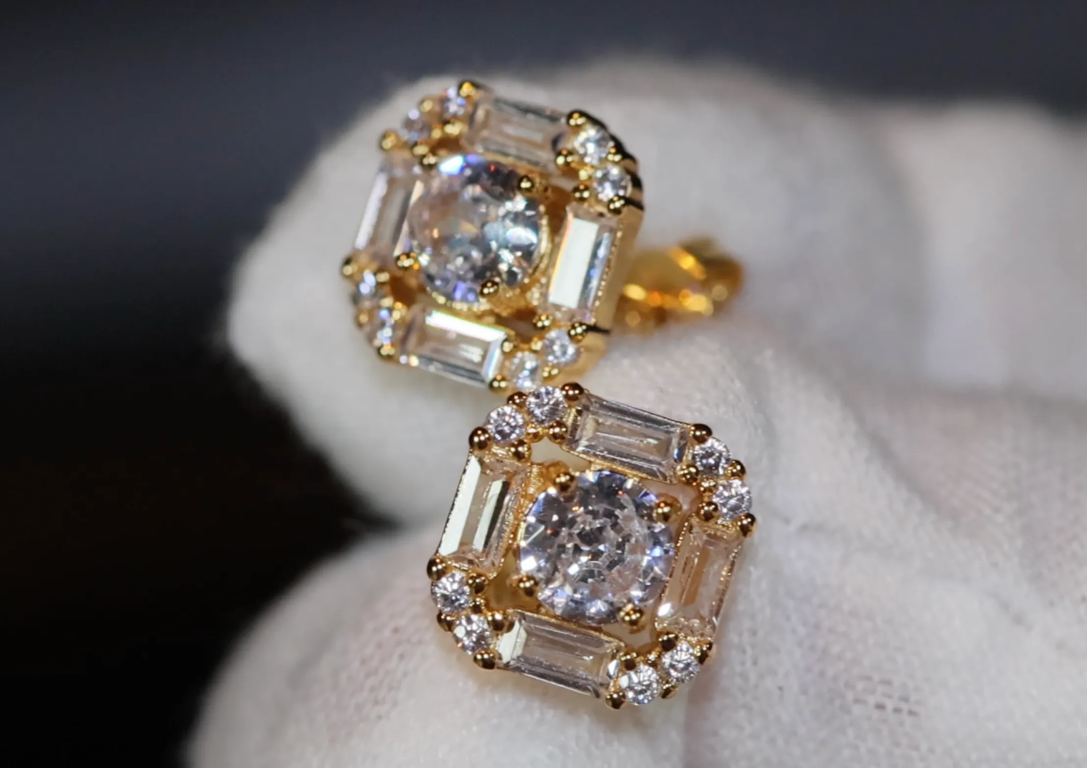 Gold Ear Studs | Gold Iced Out Ear Studs | Gold Baguette Cut Diamond Ear Studs | Hip Hop Ear Studs