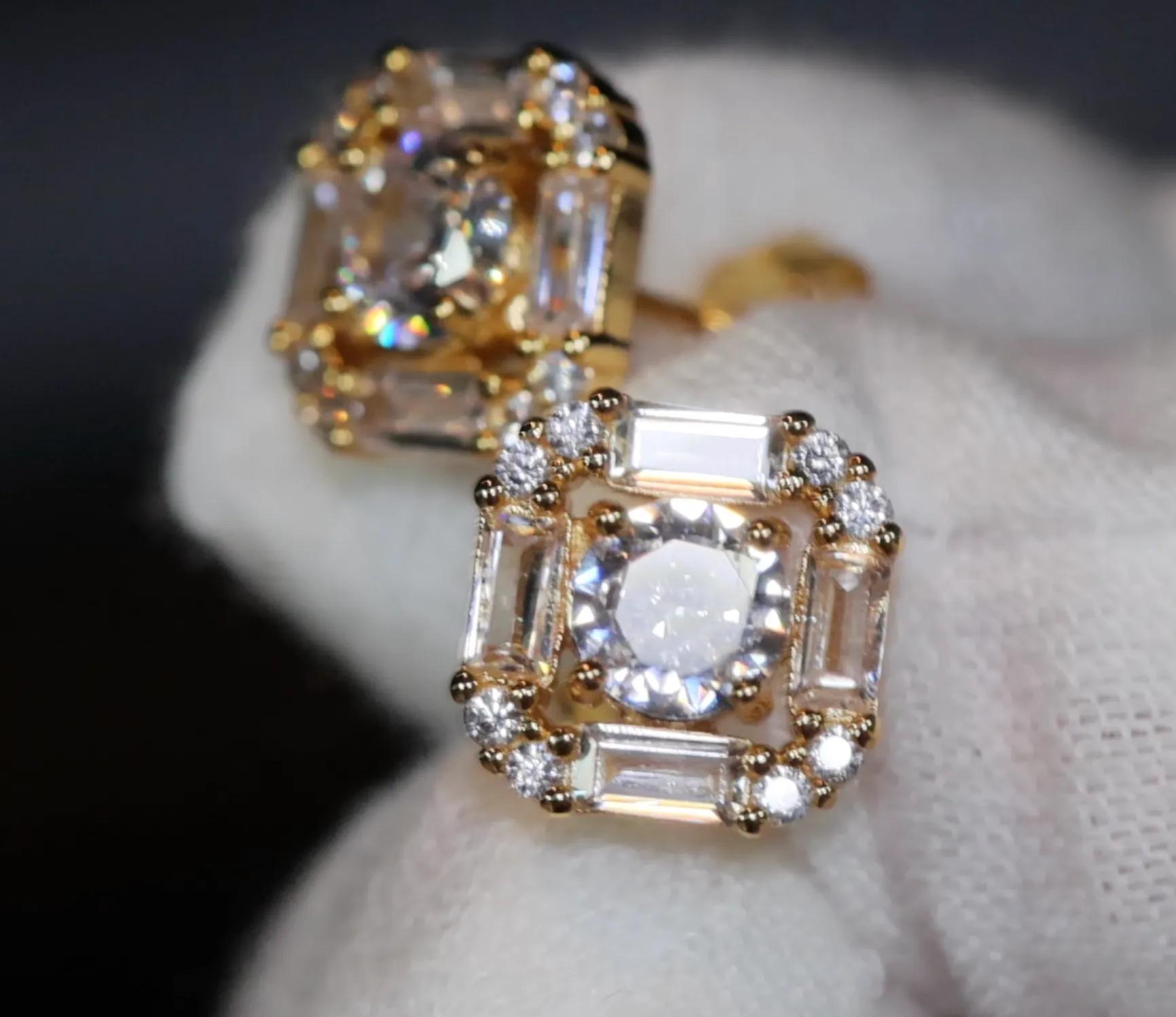 Gold Ear Studs | Gold Iced Out Ear Studs | Gold Baguette Cut Diamond Ear Studs | Hip Hop Ear Studs