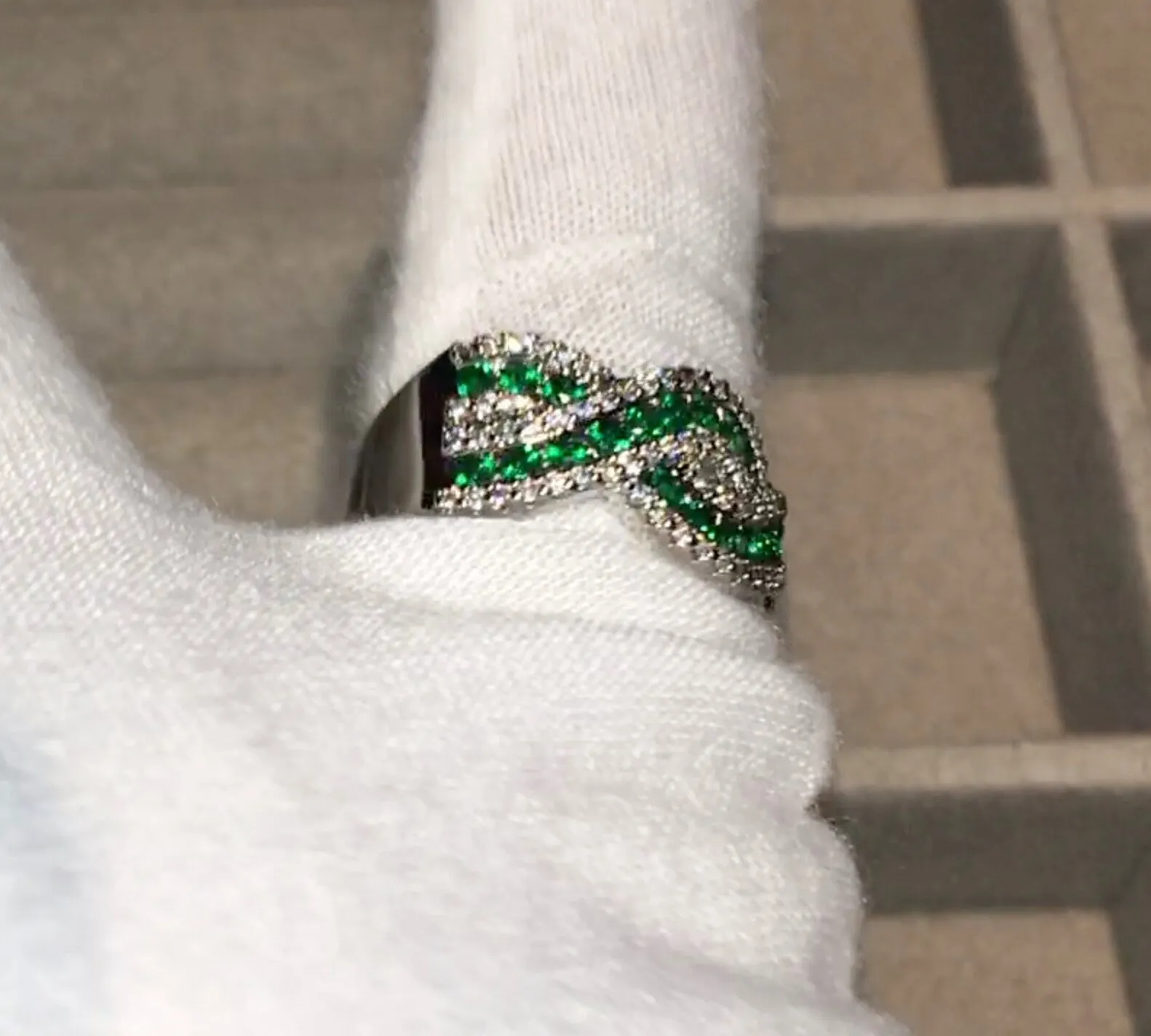 Green Diamond Ring | Infinity Ring | Mens Engagement Ring | Womens Baguette Ring | Womens Green Diamond Ring | Womens Pavé Diamond Ring