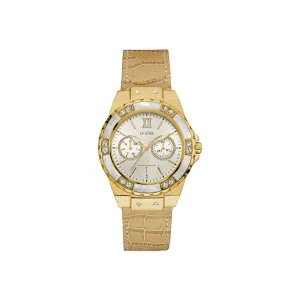 Guess Ladies Watch IP Gold White Dial With Leather Strap