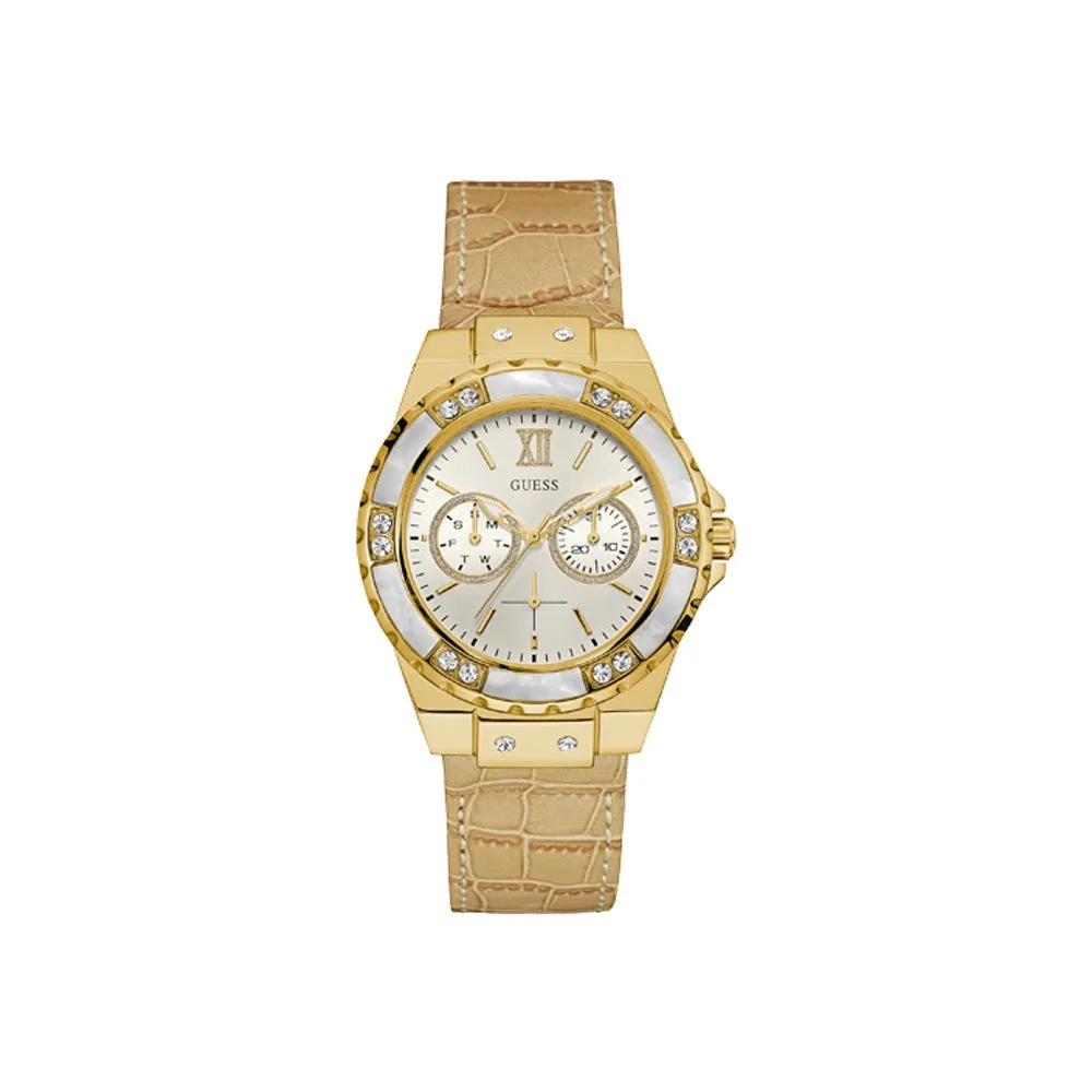 Guess Ladies Watch IP Gold White Dial With Leather Strap