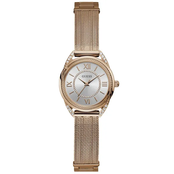 Guess Whisper Rose Gold Mesh Bracelet Silver Dial Quartz Watch for Ladies - W1084L3