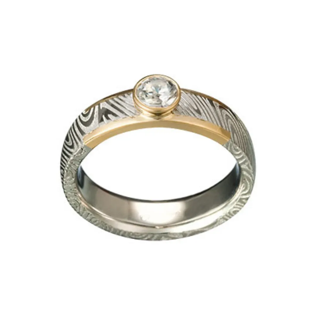 Hailey Damascus Stainless Steel 18K Yellow Gold Engagement Ring
