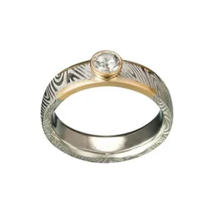 Hailey Damascus Stainless Steel 18K Yellow Gold Engagement Ring