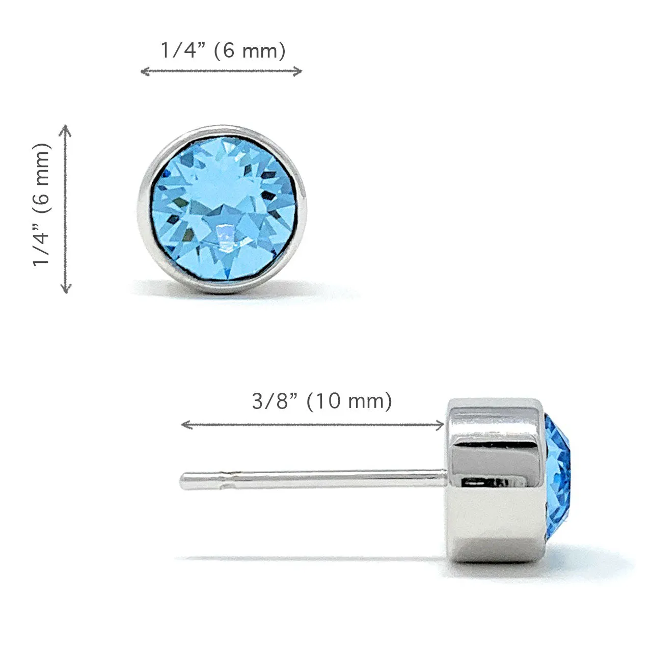 Harley Small Stud Earrings with Blue Aquamarine Round Crystals from Swarovski Silver Toned Rhodium Plated