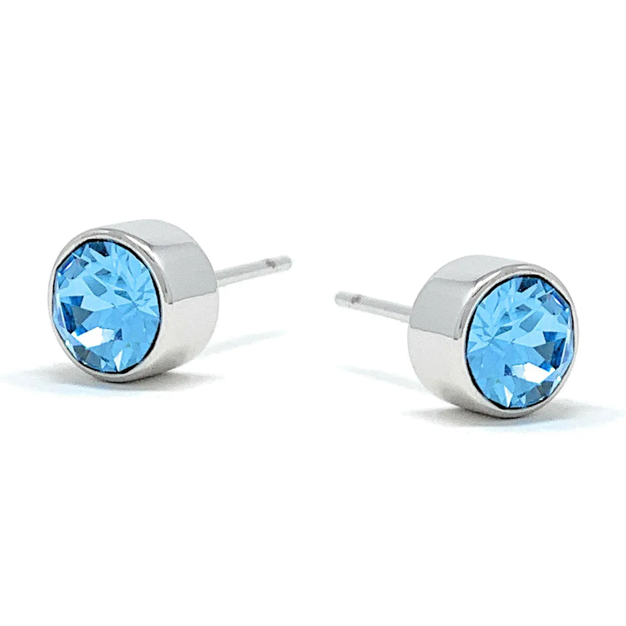 Harley Small Stud Earrings with Blue Aquamarine Round Crystals from Swarovski Silver Toned Rhodium Plated