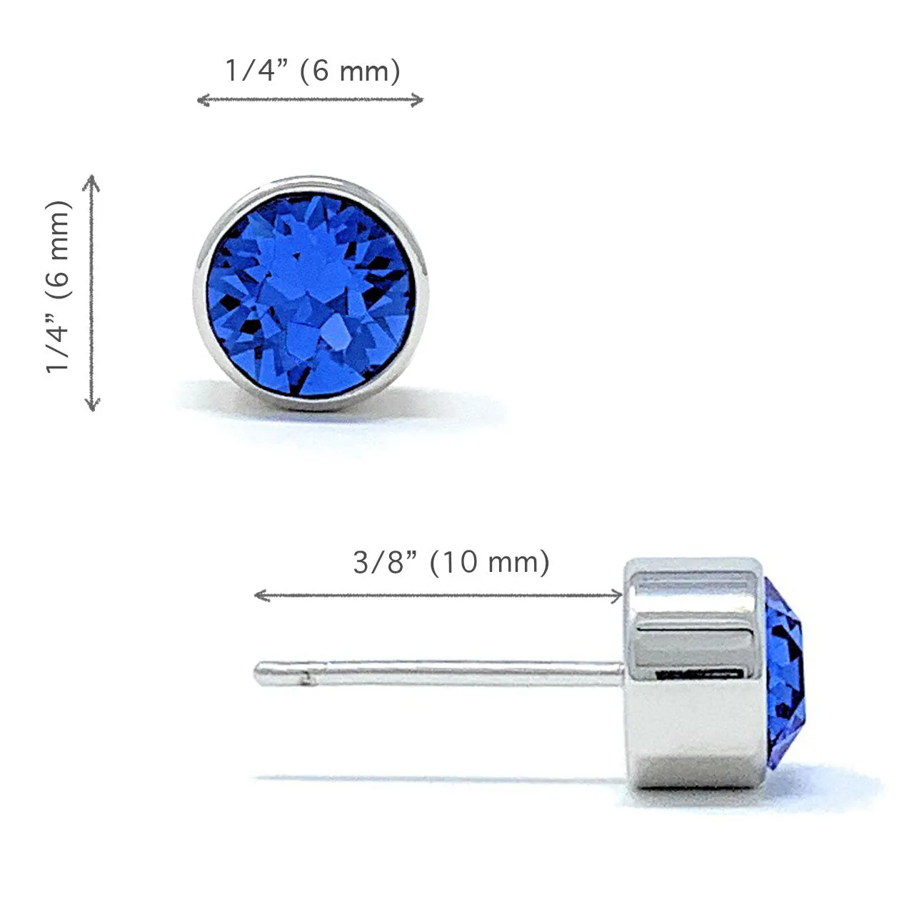 Harley Small Stud Earrings with Blue Sapphire Round Crystals from Swarovski Silver Toned Rhodium Plated