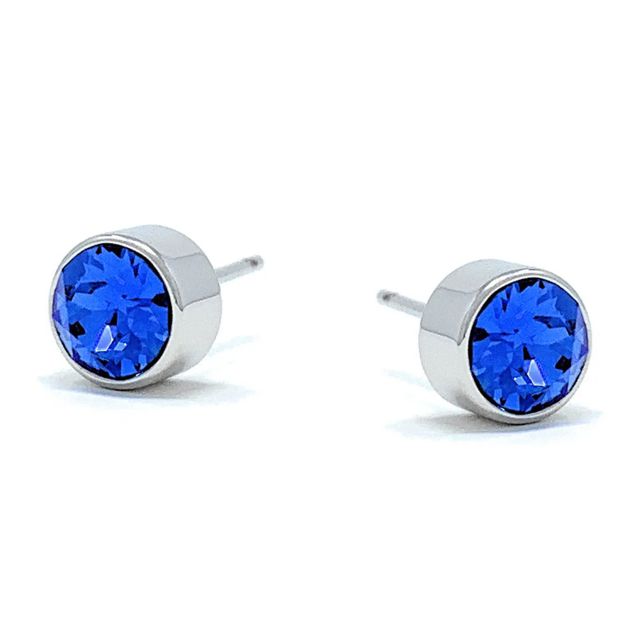 Harley Small Stud Earrings with Blue Sapphire Round Crystals from Swarovski Silver Toned Rhodium Plated