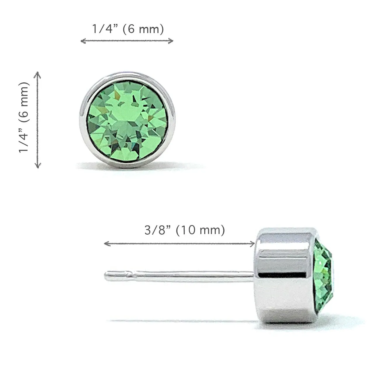 Harley Small Stud Earrings with Green Peridot Round Crystals from Swarovski Silver Toned Rhodium Plated