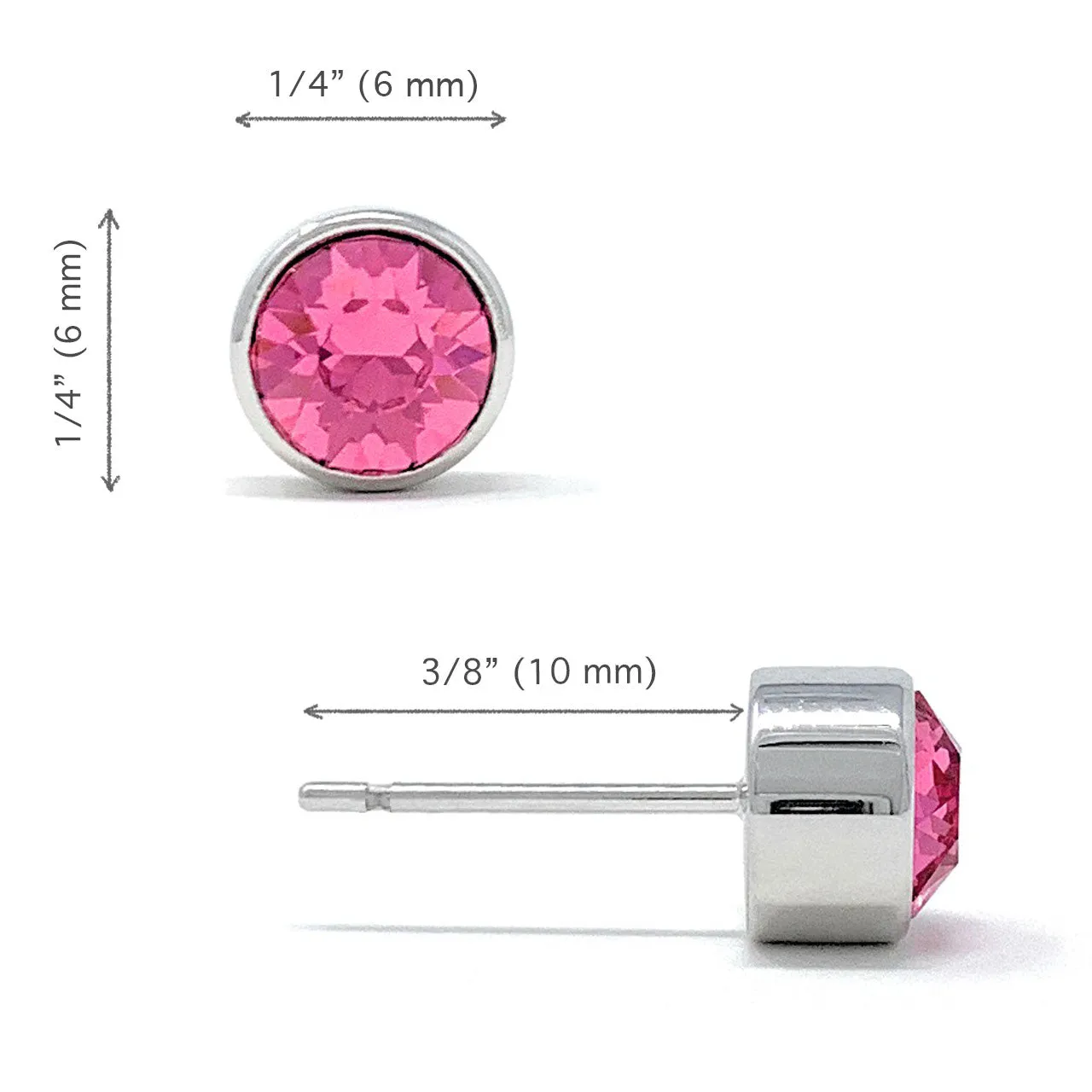 Harley Small Stud Earrings with Pink Rose Round Crystals from Swarovski Silver Toned Rhodium Plated