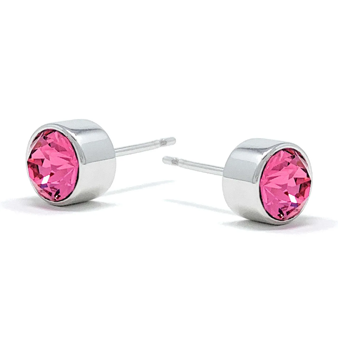 Harley Small Stud Earrings with Pink Rose Round Crystals from Swarovski Silver Toned Rhodium Plated
