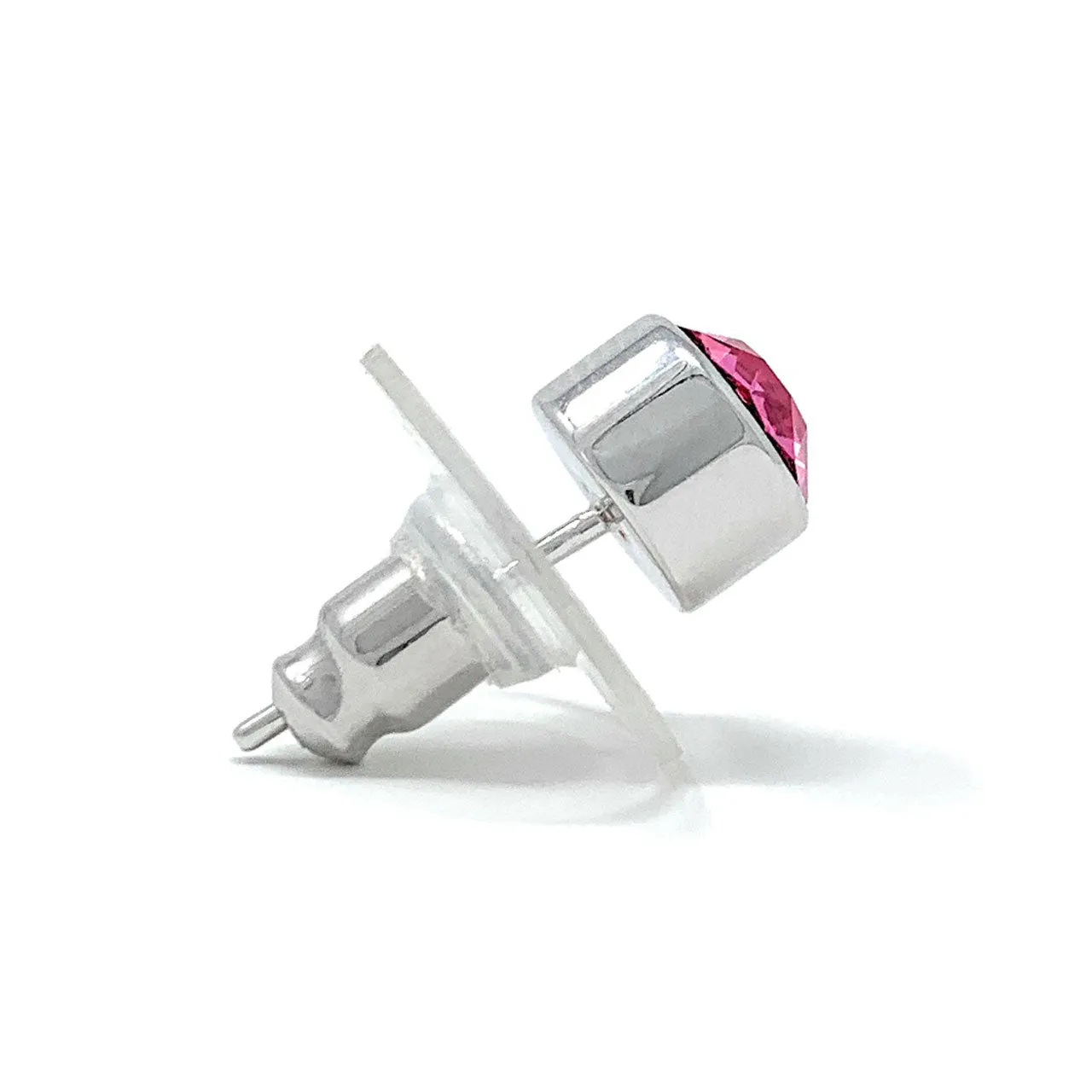 Harley Small Stud Earrings with Pink Rose Round Crystals from Swarovski Silver Toned Rhodium Plated
