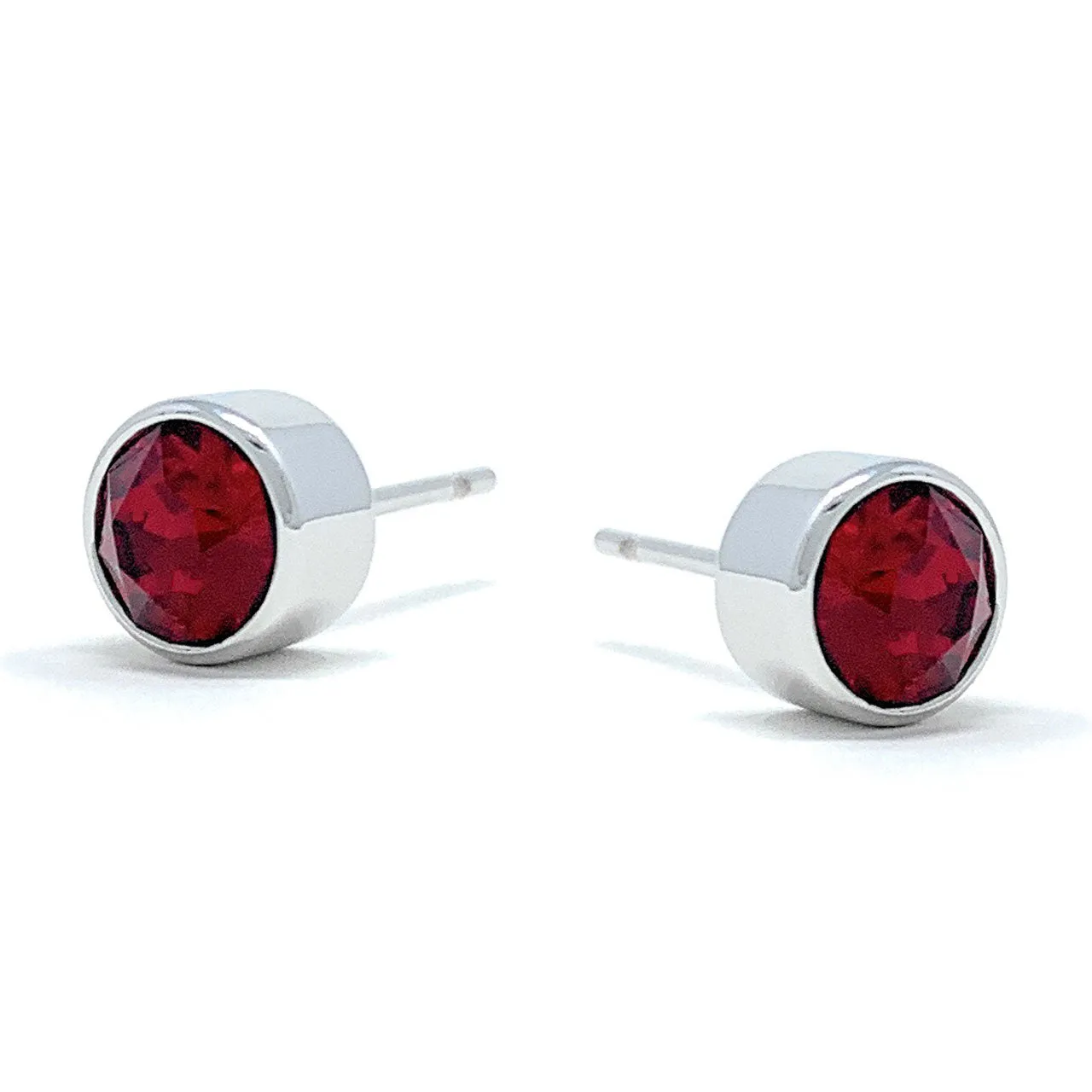 Harley Small Stud Earrings with Red Siam Round Crystals from Swarovski Silver Toned Rhodium Plated