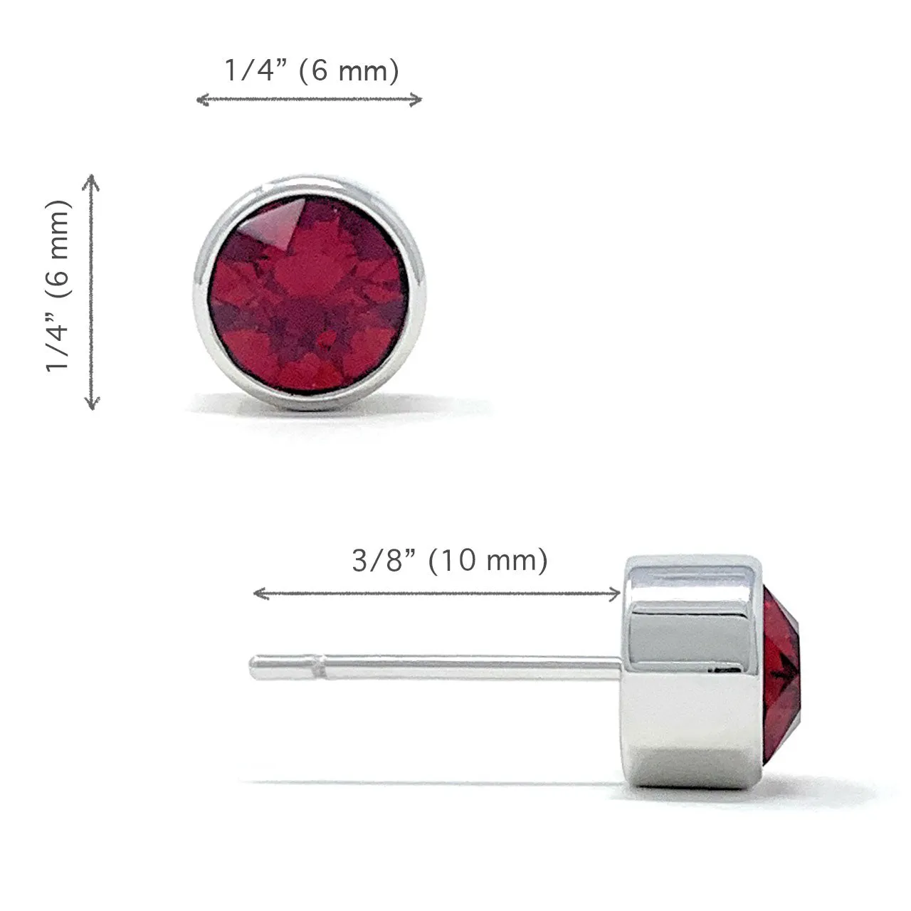 Harley Small Stud Earrings with Red Siam Round Crystals from Swarovski Silver Toned Rhodium Plated