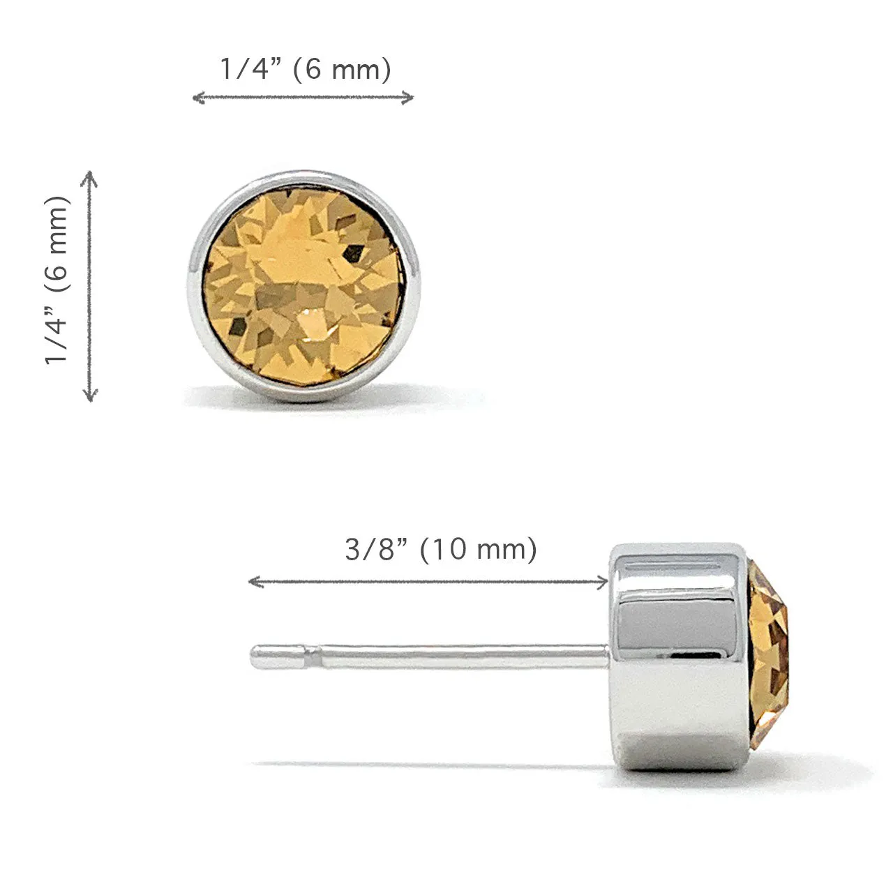 Harley Small Stud Earrings with Yellow Brown Light Topaz Round Crystals from Swarovski Silver Toned Rhodium Plated