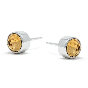 Harley Small Stud Earrings with Yellow Brown Light Topaz Round Crystals from Swarovski Silver Toned Rhodium Plated
