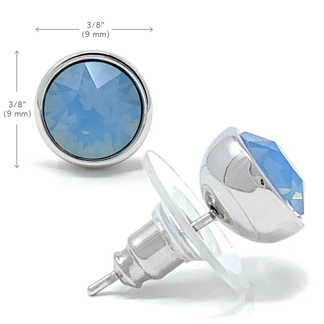 Harley Stud Earrings with Air Blue Round Opals from Swarovski Silver Toned Rhodium Plated
