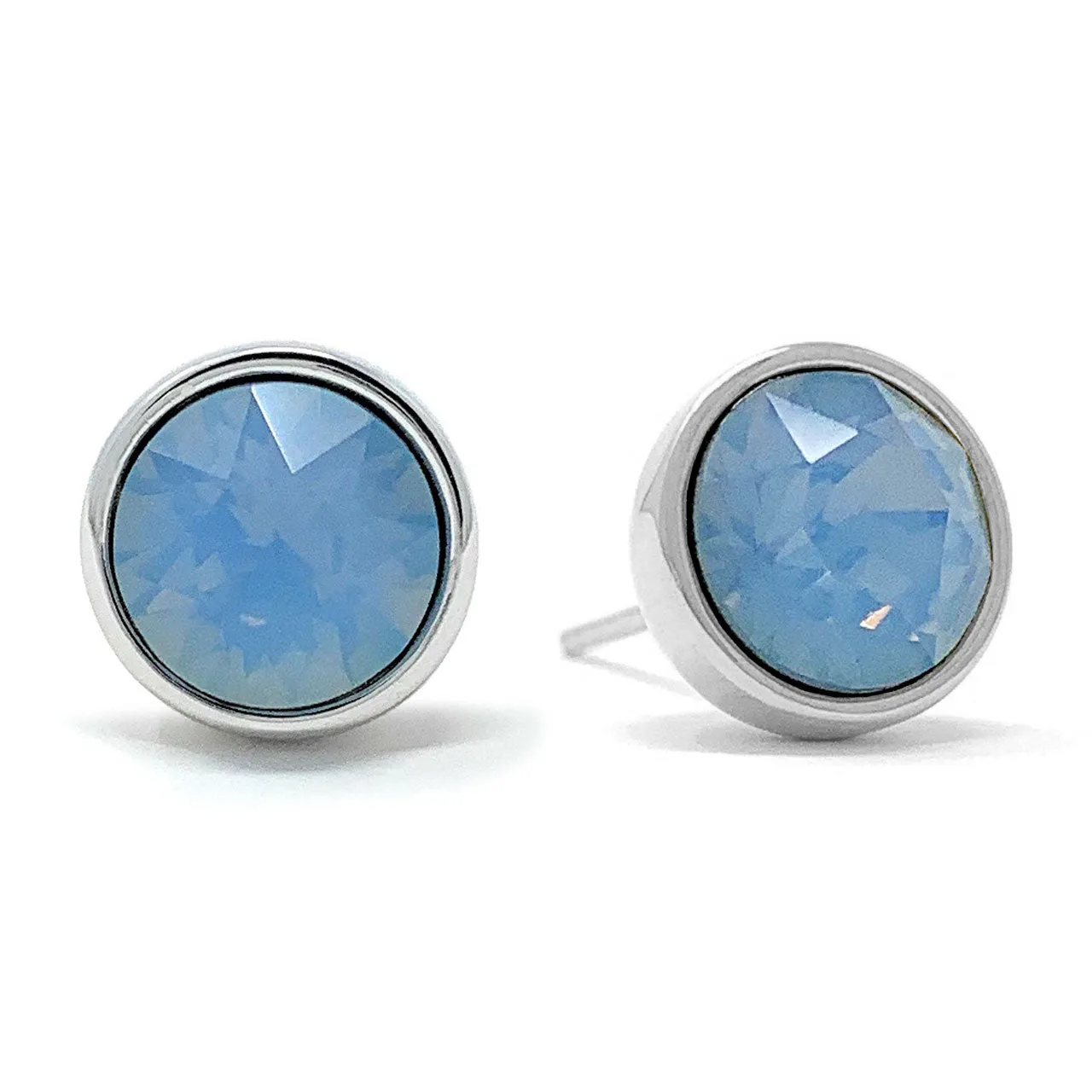 Harley Stud Earrings with Air Blue Round Opals from Swarovski Silver Toned Rhodium Plated