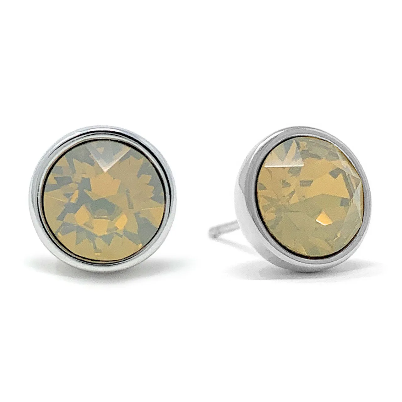 Harley Stud Earrings with Beige Sand Round Opals from Swarovski Silver Toned Rhodium Plated
