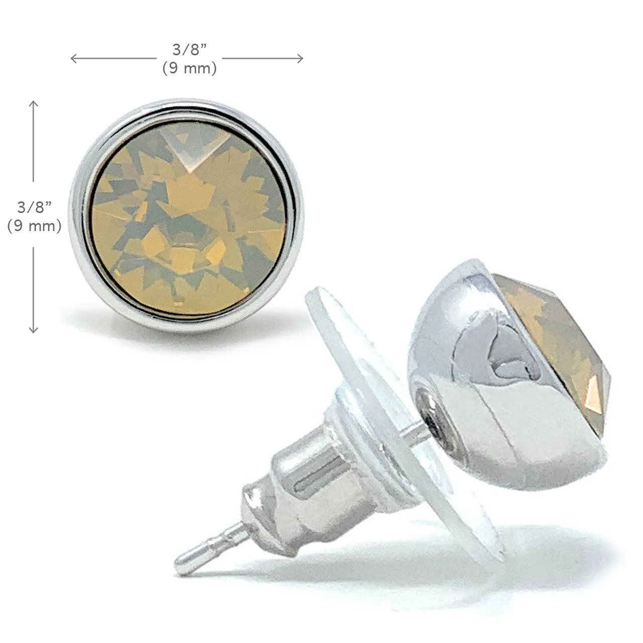 Harley Stud Earrings with Beige Sand Round Opals from Swarovski Silver Toned Rhodium Plated