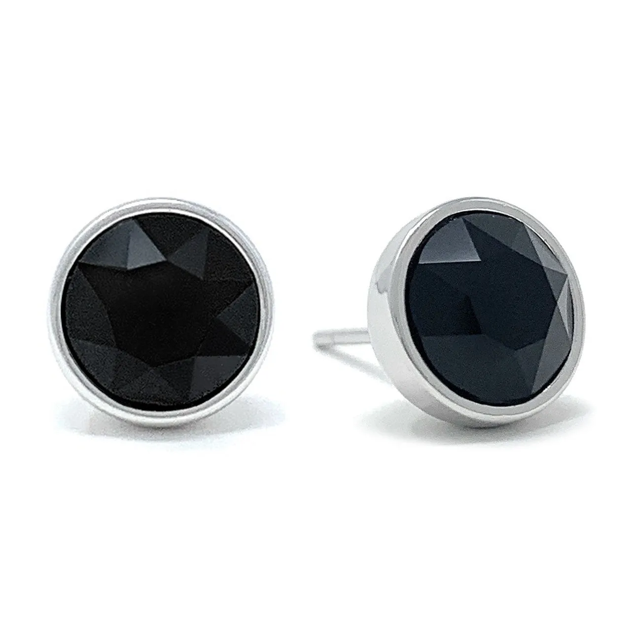Harley Stud Earrings with Black Jet Round Crystals from Swarovski Silver Toned Rhodium Plated