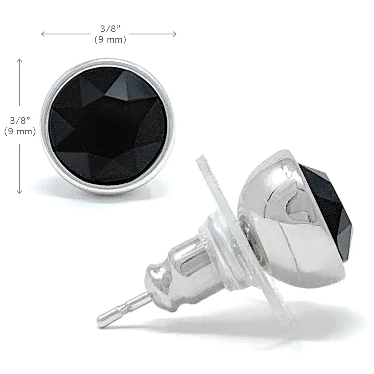 Harley Stud Earrings with Black Jet Round Crystals from Swarovski Silver Toned Rhodium Plated
