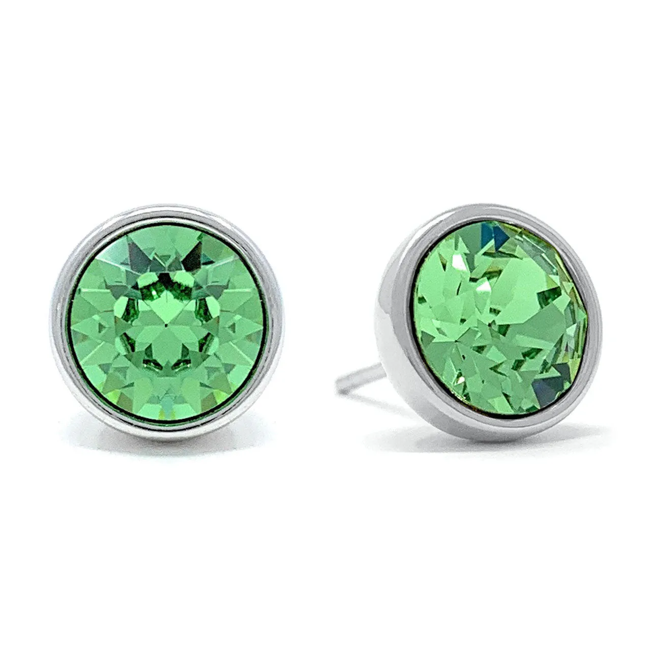 Harley Stud Earrings with Green Peridot Round Crystals from Swarovski Silver Toned Rhodium Plated
