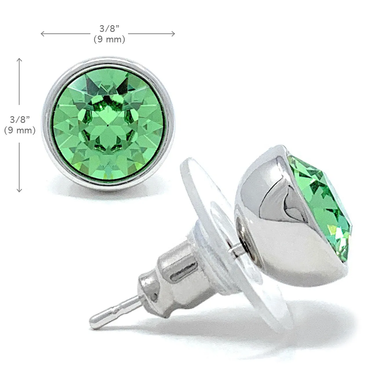 Harley Stud Earrings with Green Peridot Round Crystals from Swarovski Silver Toned Rhodium Plated