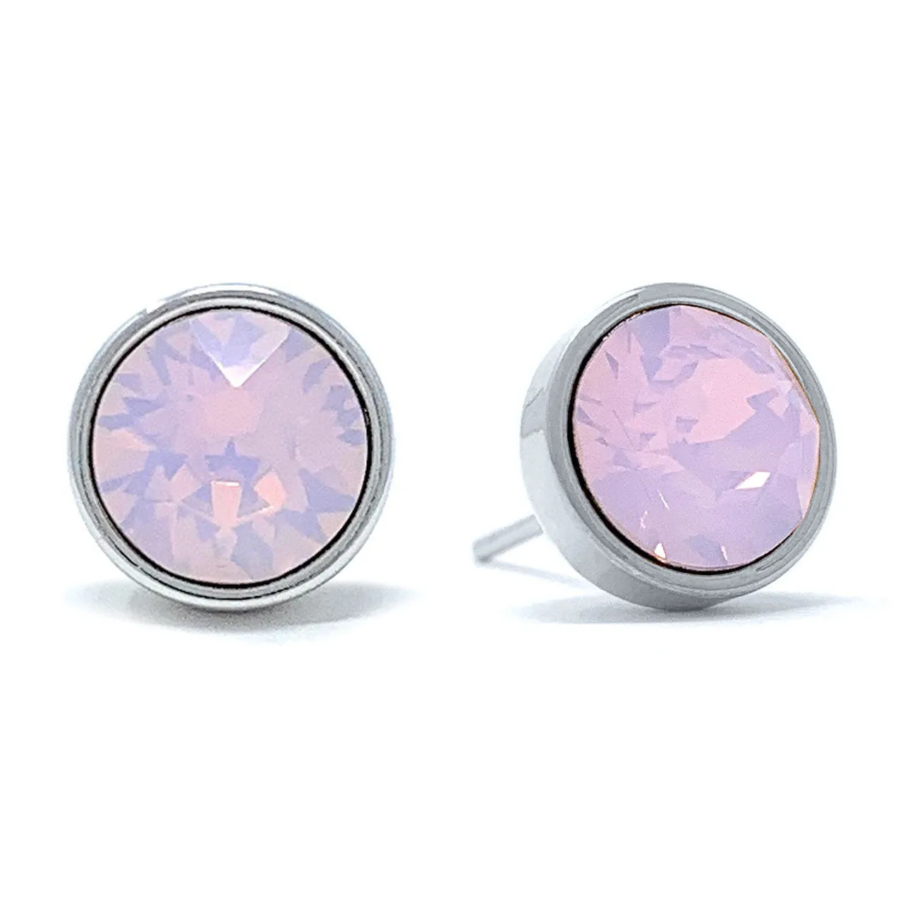 Harley Stud Earrings with Pink Rose Water Round Opals from Swarovski Silver Toned Rhodium Plated
