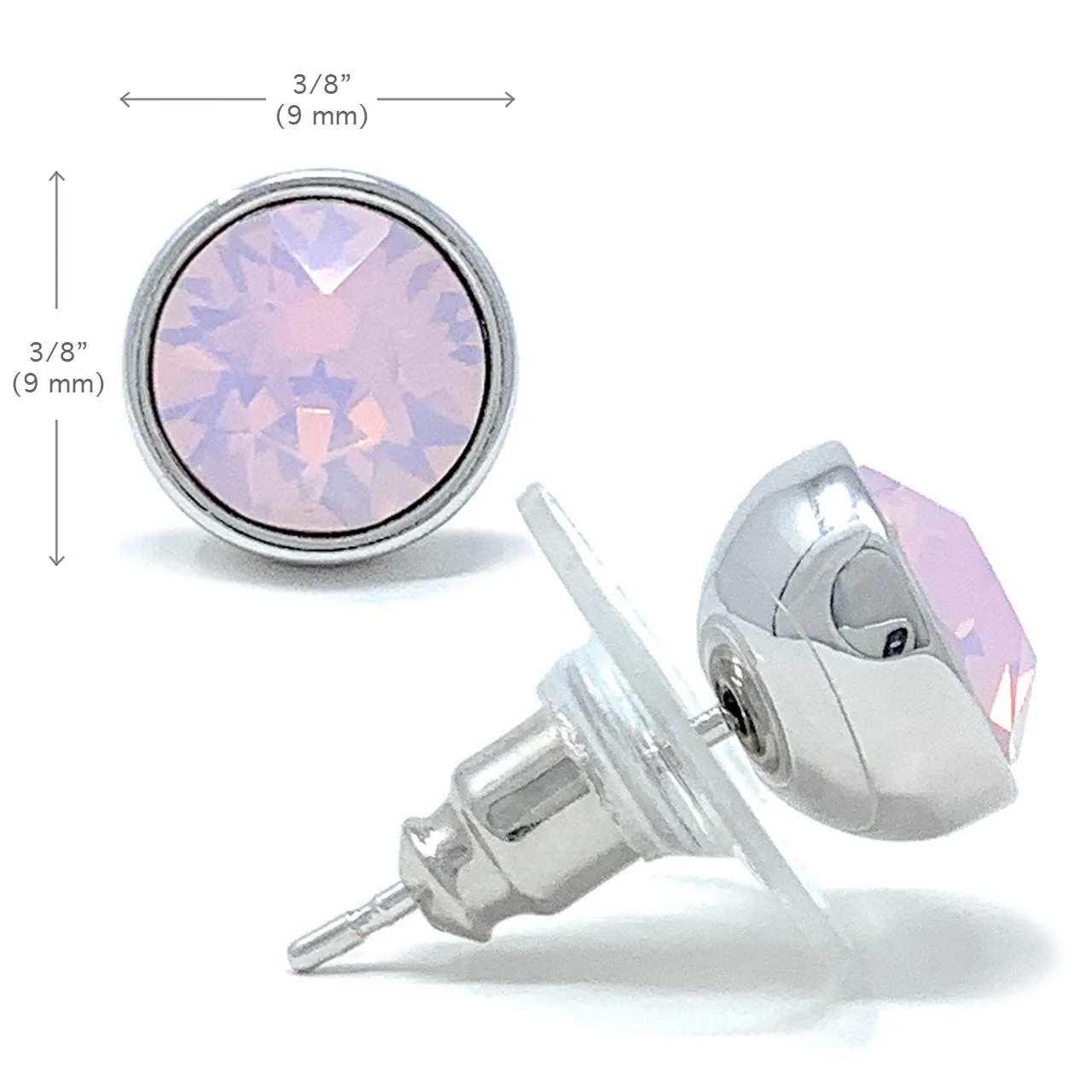 Harley Stud Earrings with Pink Rose Water Round Opals from Swarovski Silver Toned Rhodium Plated