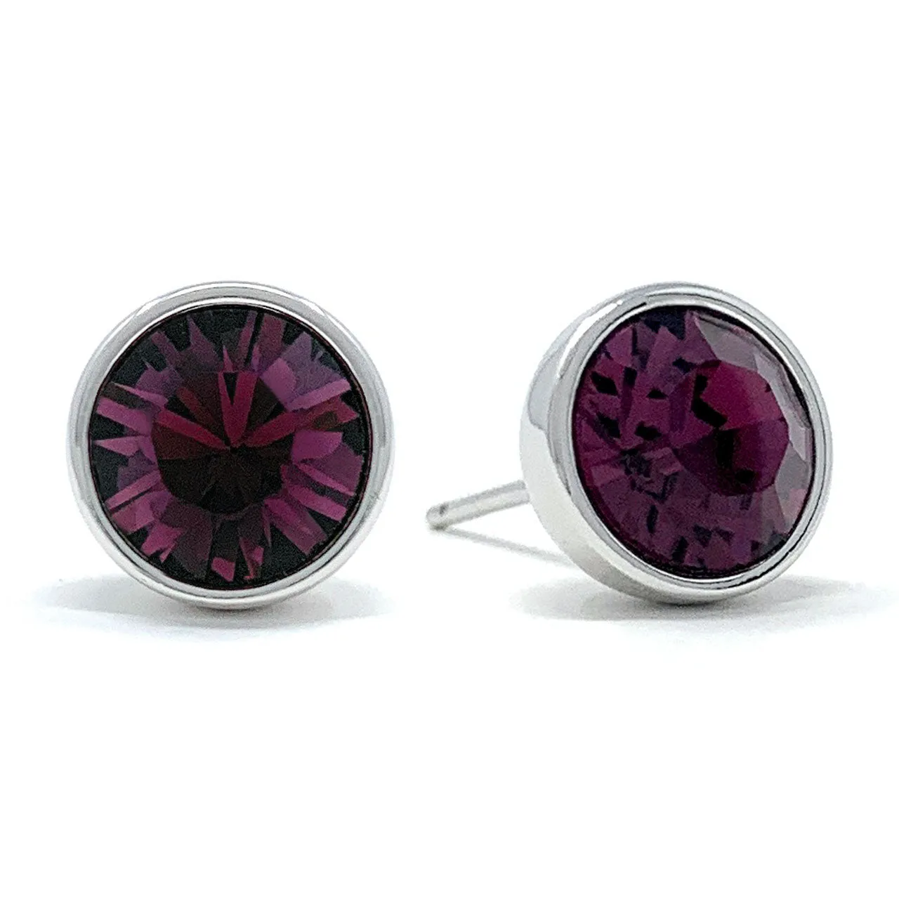 Harley Stud Earrings with Purple Amethyst Round Crystals from Swarovski Silver Toned Rhodium Plated