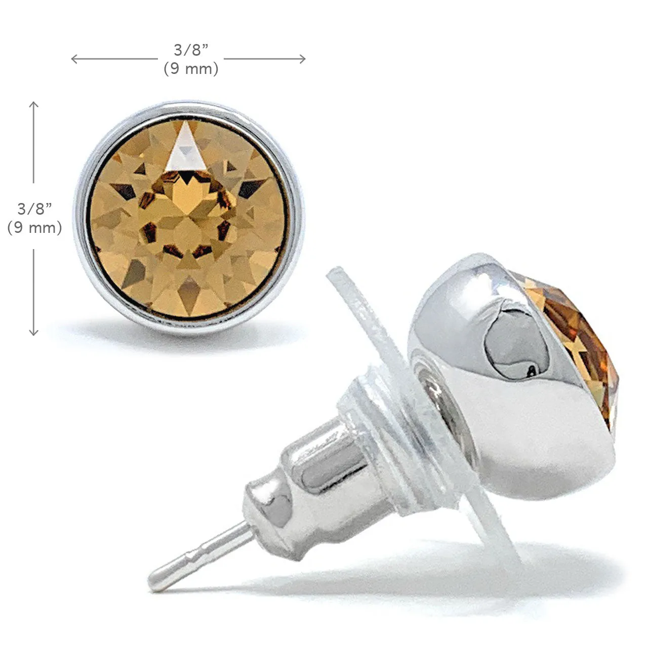 Harley Stud Earrings with Yellow Brown Light Topaz Round Crystals from Swarovski Silver Toned Rhodium Plated
