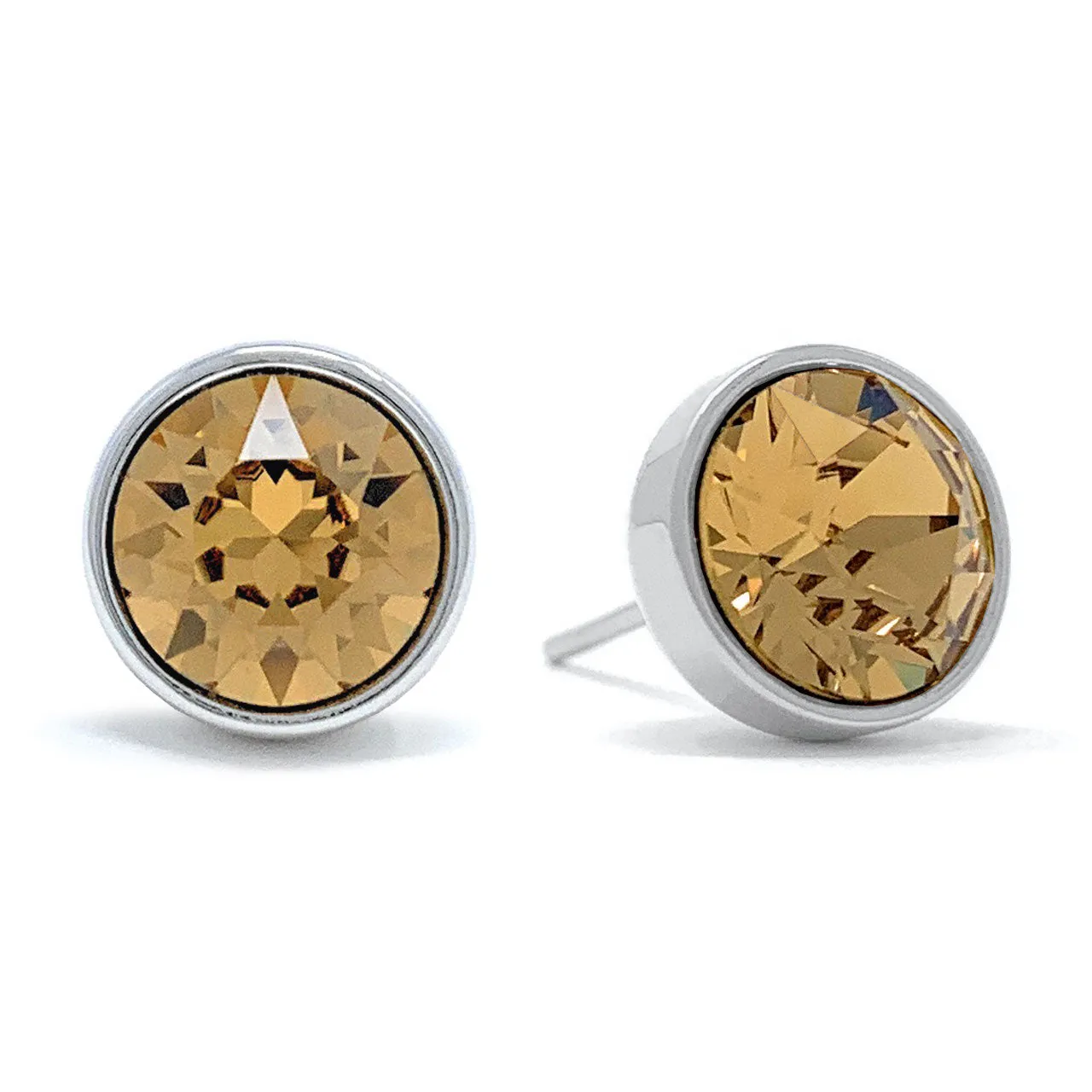 Harley Stud Earrings with Yellow Brown Light Topaz Round Crystals from Swarovski Silver Toned Rhodium Plated