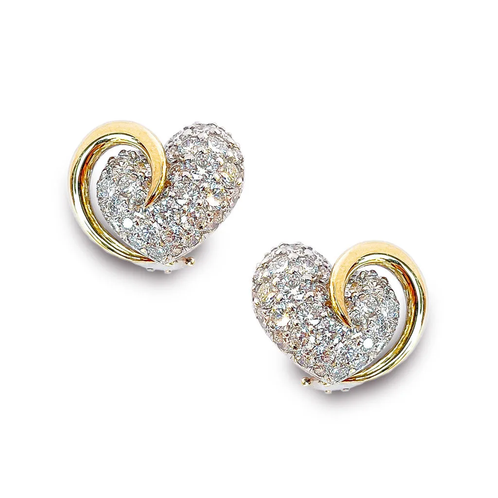 Heart Pave Diamond, Platinum and Yellow Gold Earrings