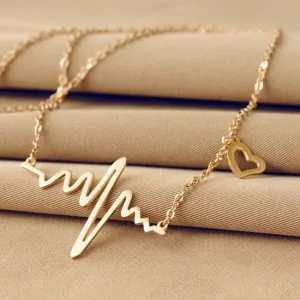 Hot Simple Wave Heart Necklace Chic ECG Heartbeat Gold Colour Pendant Charm Lightning Chocker Necklace for Women Vintage Jewelry