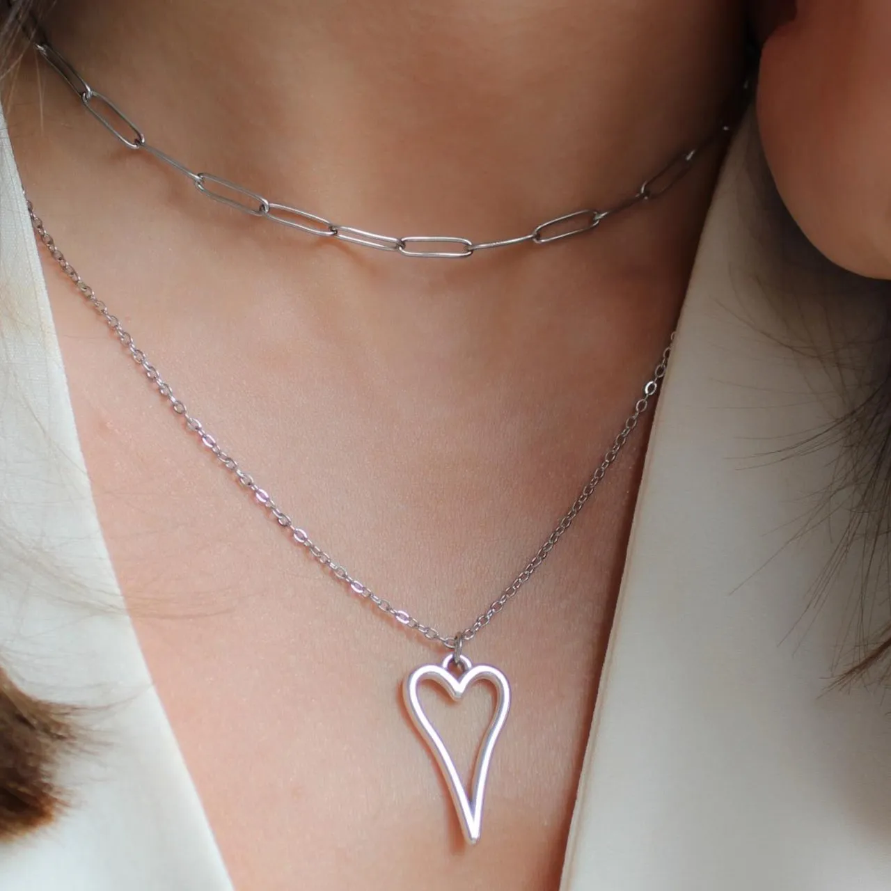 Hourglass Open Heart Fine Chain Necklace, Silver