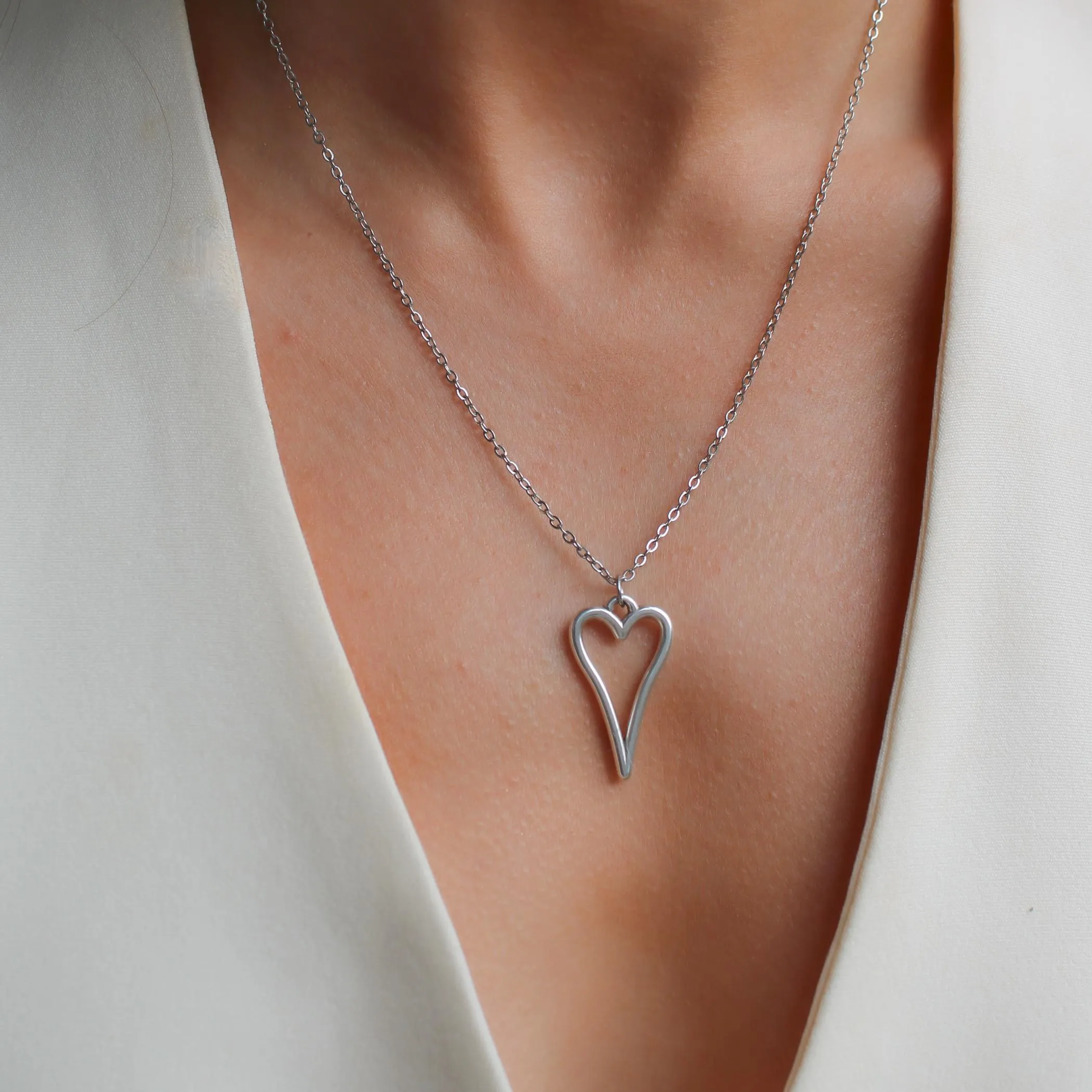 Hourglass Open Heart Fine Chain Necklace, Silver