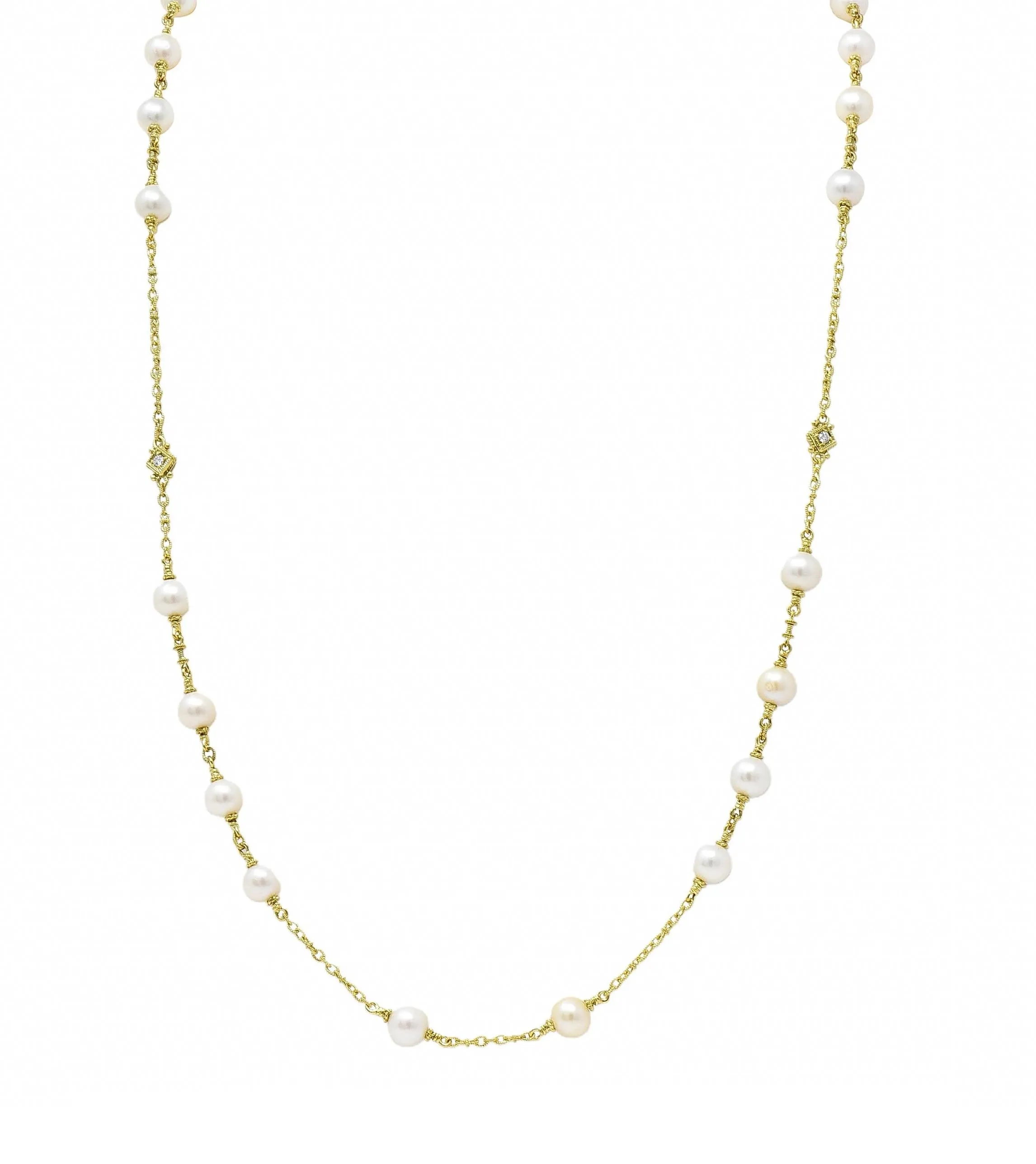 Judith Ripka 2000's Akoya Pearl Diamond 18 Karat Yellow Gold Station Chain Necklace