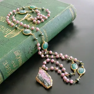 Lavender Silverite Emeralds Pearls Pink Calcite Pendant Necklace - Melinda Layering Necklace