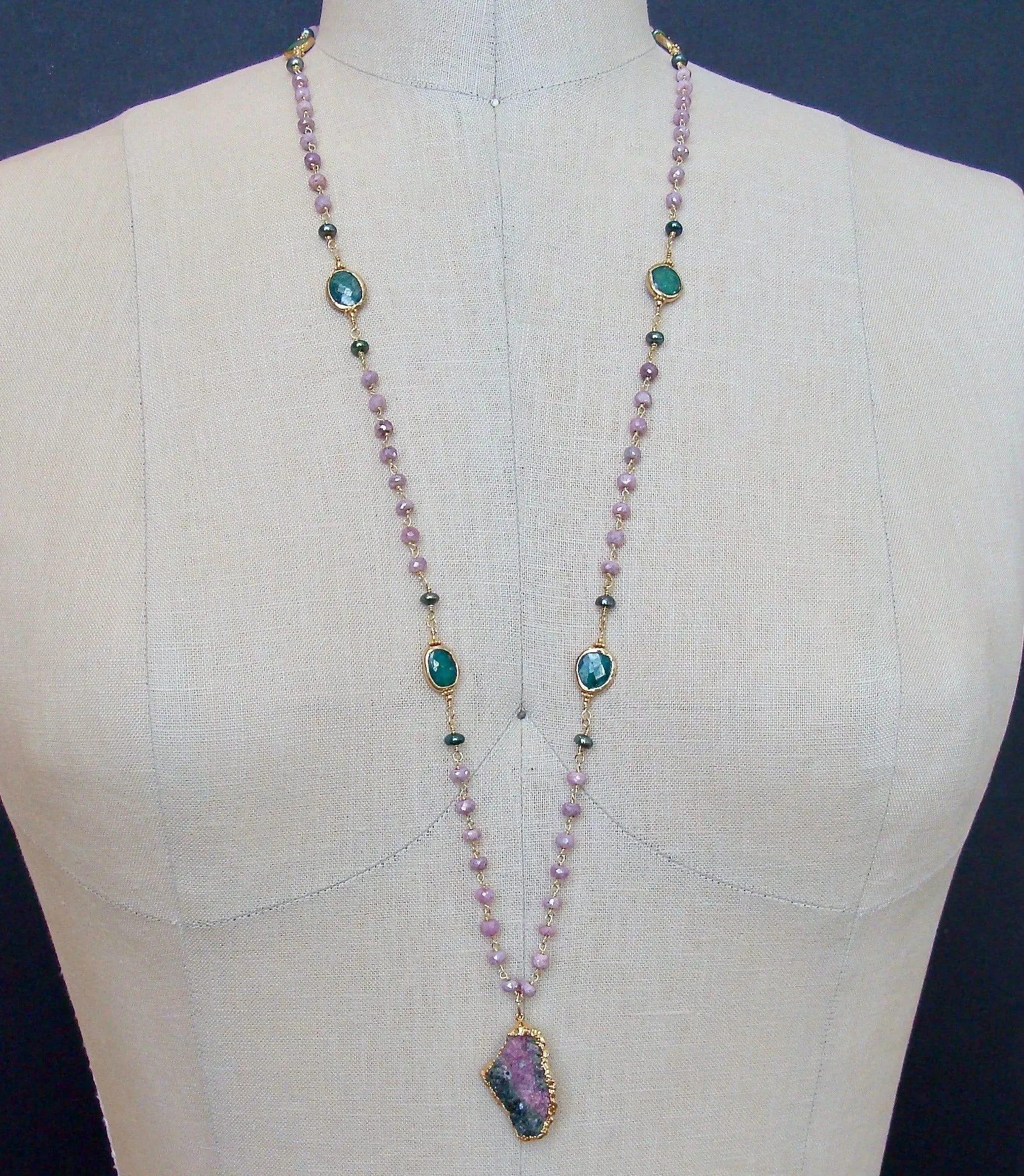 Lavender Silverite Emeralds Pearls Pink Calcite Pendant Necklace - Melinda Layering Necklace
